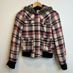 Roxy Black Pink Cream Plaid Short Fur Trim Hooded Jacket Cotton